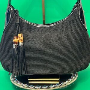 Talbots Wicker Basket Hobo Black ShoulderBag w/Tassel Accents Approx. 15 x 8 x 4